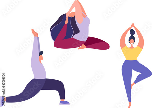 Male and Female Characters Sport Activities Set. People Doing Sports, Yoga Exercise, Fitness, Workout in Different Poses, Stretching, Healthy Lifestyle, Leisure. Cartoon Flat Vector Illustration