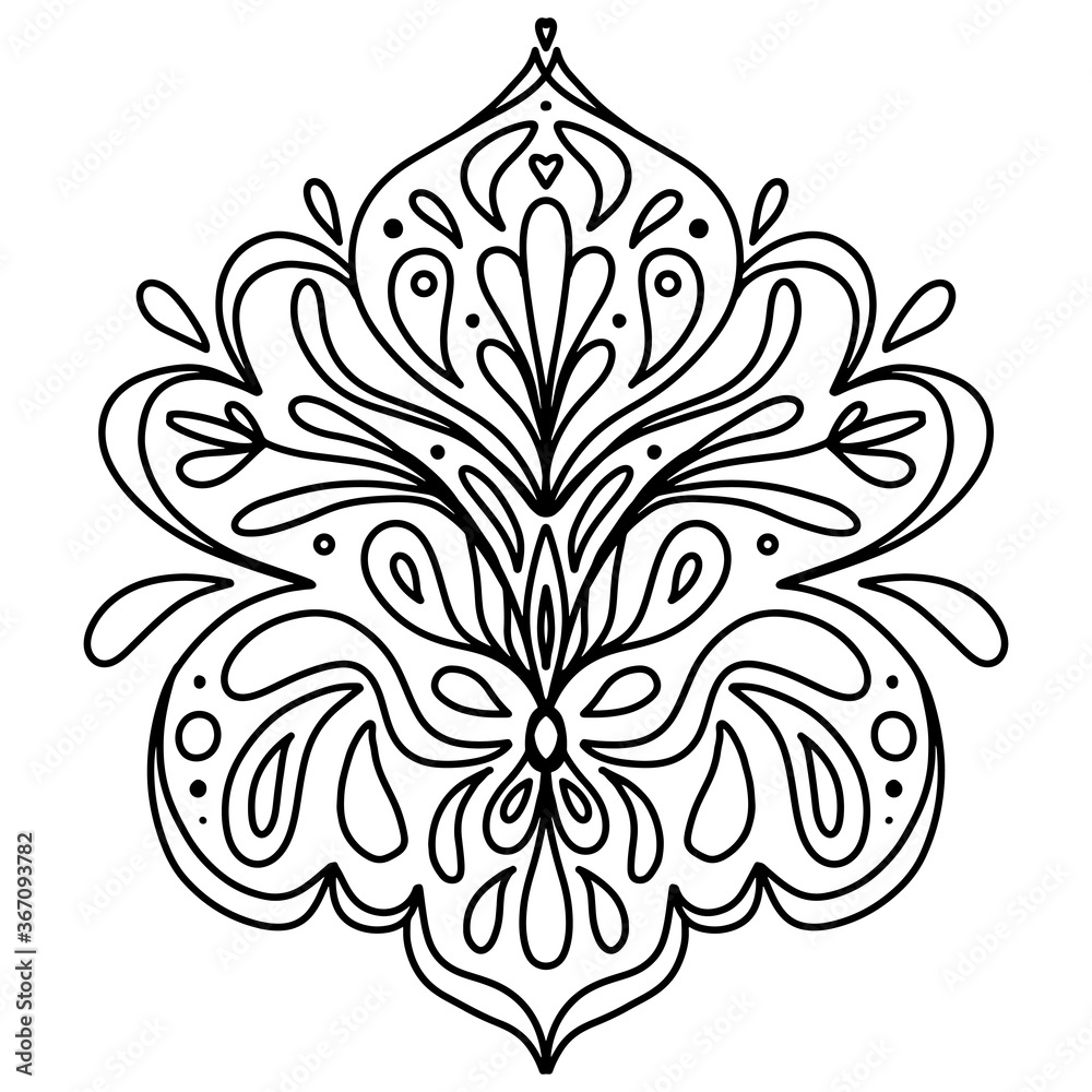 Vector black and white drawing mirror floral ornament. Coloring book for adults and adolescents, a beautiful print for painting, applying on clothes or dishes. Ornament for fraser cutting of patterned Vector black and white drawing mirror floral ornament. Coloring book for adults and adolescents, a beautiful print for painting, applying on clothes or dishes. Ornament for fraser cutting of patterned