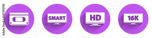 Set VHS video cassette tape, Screen tv with Smart video, Smart display with HD video and Screen tv with 16k icon with long shadow. Vector.