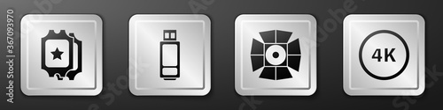 Set Cinema ticket, USB flash drive, Movie spotlight and 4k Ultra HD icon. Silver square button. Vector.