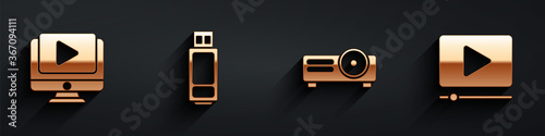 Set Online play video, USB flash drive, Movie, film, media projector and Online play video icon with long shadow. Vector.