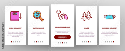 Tuberculosis Disease Onboarding Mobile App Page Screen Vector. Healthy Lungs And With Tuberculosis, Facial Mask And Scale, Pills Bottle And Fir-trees Illustrations