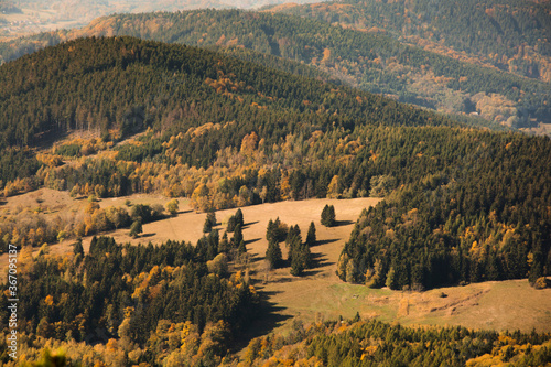 Autumn landscape illuminated by sun setting shining. Meadows, forests and grassys. Everything in warm colors tones.