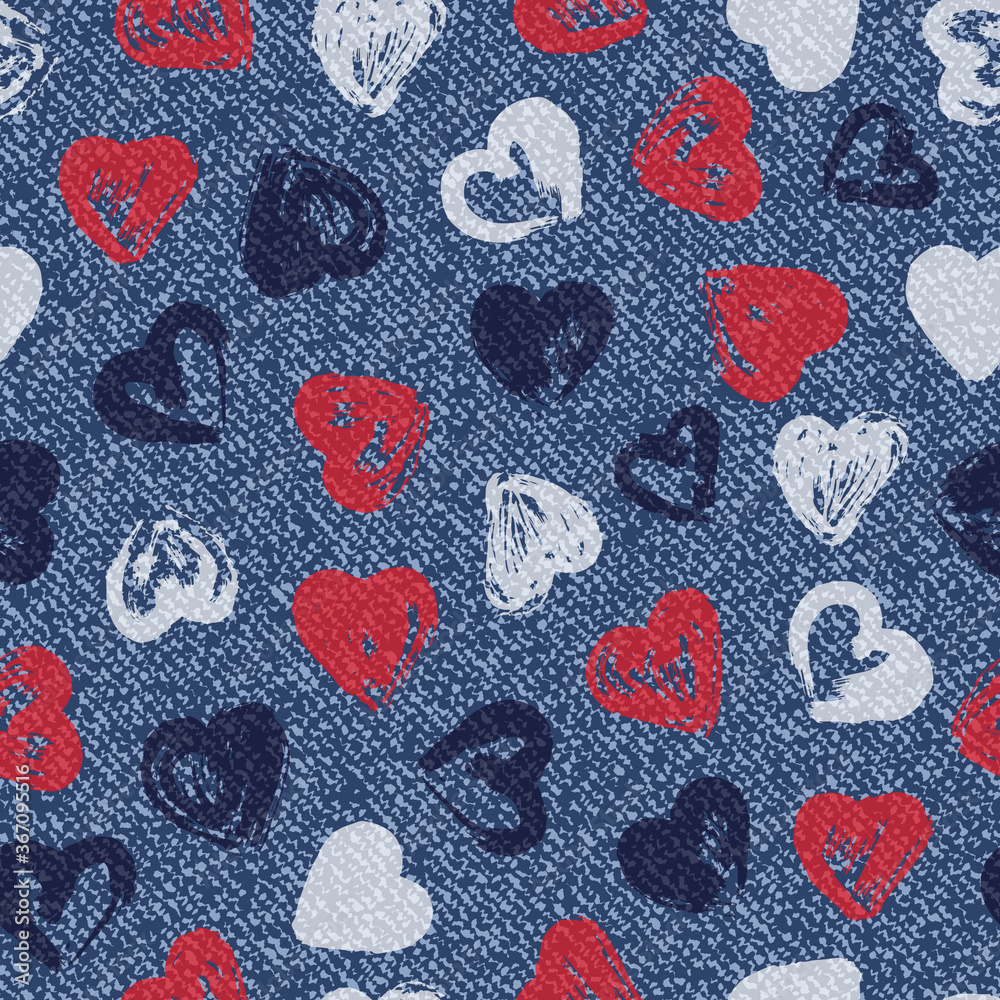 Vector Valentine background. Paint Hearts brush strokes. Jeans background with hearts. Denim seamless pattern. Blue jeans cloth.
