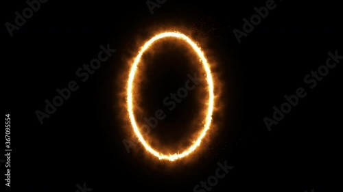 An empty frame with a fiery border glows, burns with flame. Ellipse frame animated background. 3D rendering.