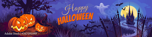 Halloween pumpkins and dark castle on blue Moon background, illustration.