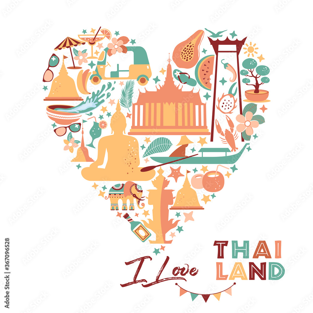 Collection of Thailand symbols in heart. Vector poster. Postcard in trend color. Travel illustration. Web banner of travel in circle composition.