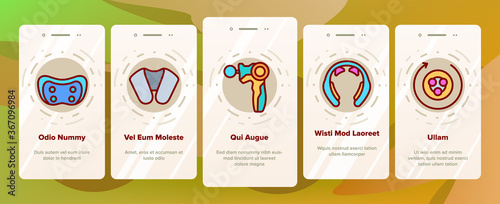 Shoulder Massager Onboarding Mobile App Page Screen Vector. Body And Foot Massager Equipment For Relaxation, Electric Wearable Pulse Neck Device Illustrations