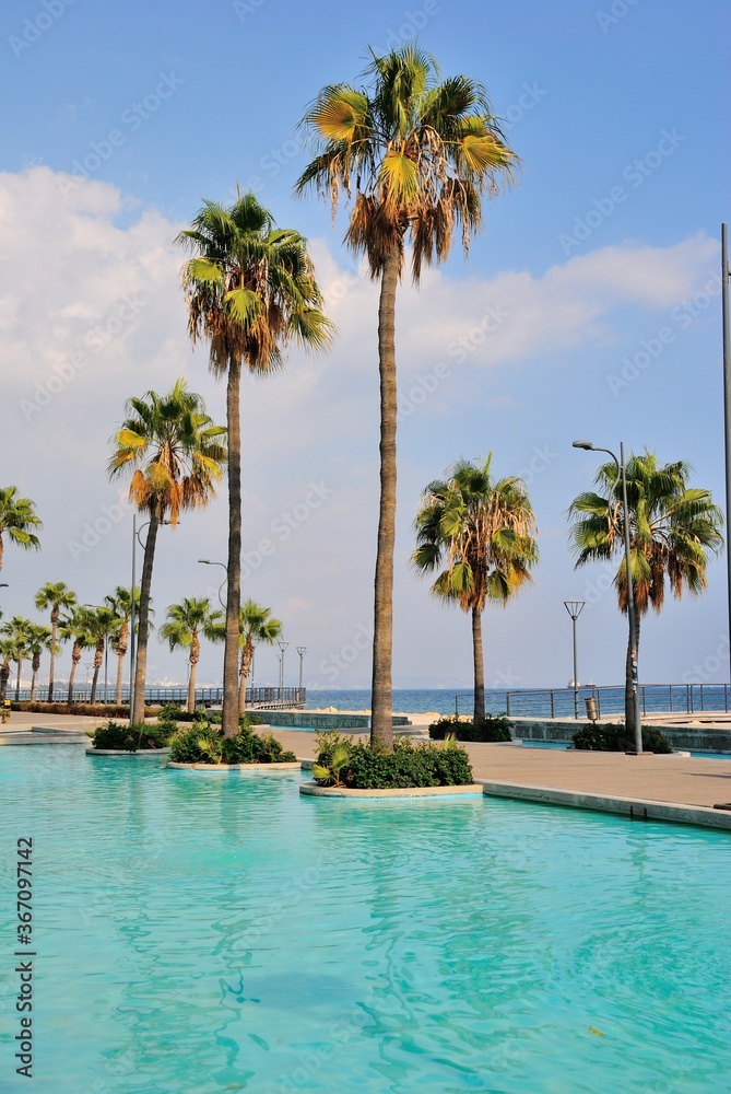 View of Limassol promenade with palm trees on a beautiful sunny day in Cyprus