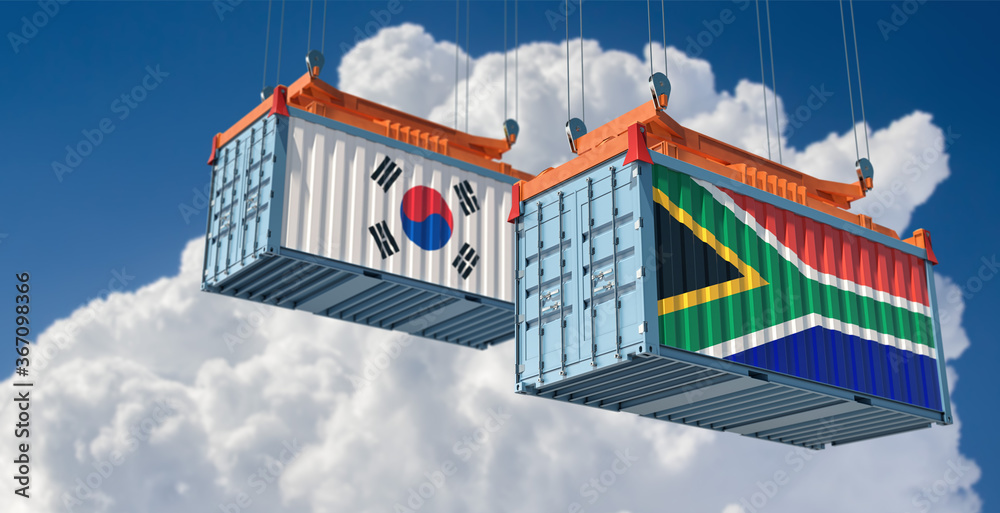 Freight containers with South Africa and South Korea flag. 3D Rendering 