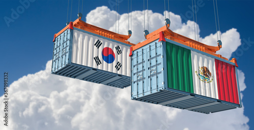 Freight containers with Mexico and South Korea flag. 3D Rendering 