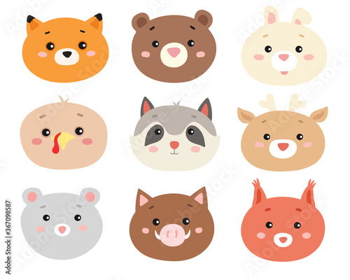  vector set of faces of funny forest animals. isolated on white background.collection heads of cute animals.cartoon and flat style.for web,graphic,design.