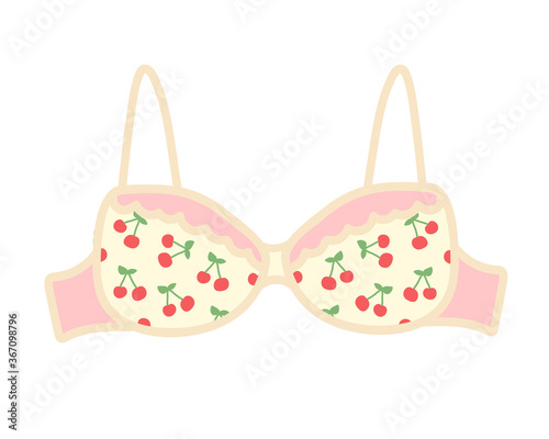 vector illustration of female bra in flat and cartoon style.for web, graphics, design. women's romantic underwear isolated on a white background. feminine lingerie with cherry ornament.  