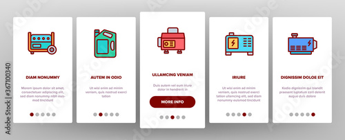 Portable Generator Onboarding Mobile App Page Screen Vector. Generator Equipment For Generating Electricity, Fuel Bottle Package And Electrical Cord Illustrations