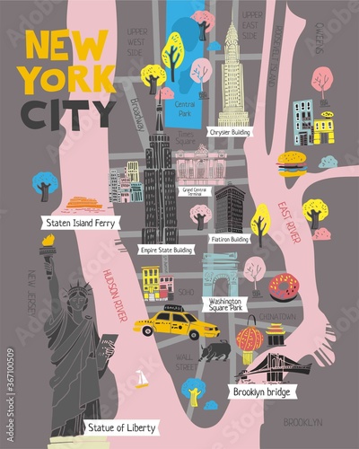 Decorative New York map flat hand drawn vector illustration. American city map for travel guide and card with symbols. New York infographic poster, banner design.