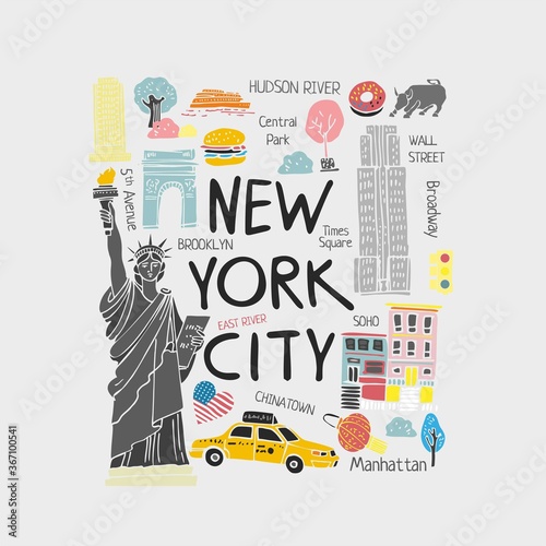 Stylized decorative flat symbols of new York hand drawn in pastel colors. Square illustration for travel guides, cards, posters and for printing on Souvenirs. Banner about travel. Vector illustration