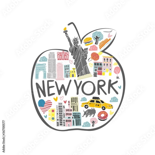 Decorative symbols of New York drawn by hand in pastel colors inscribed in the shape of an apple. Banner, greeting card, printing on souvenir production. Flat cartoon cute vector illustration