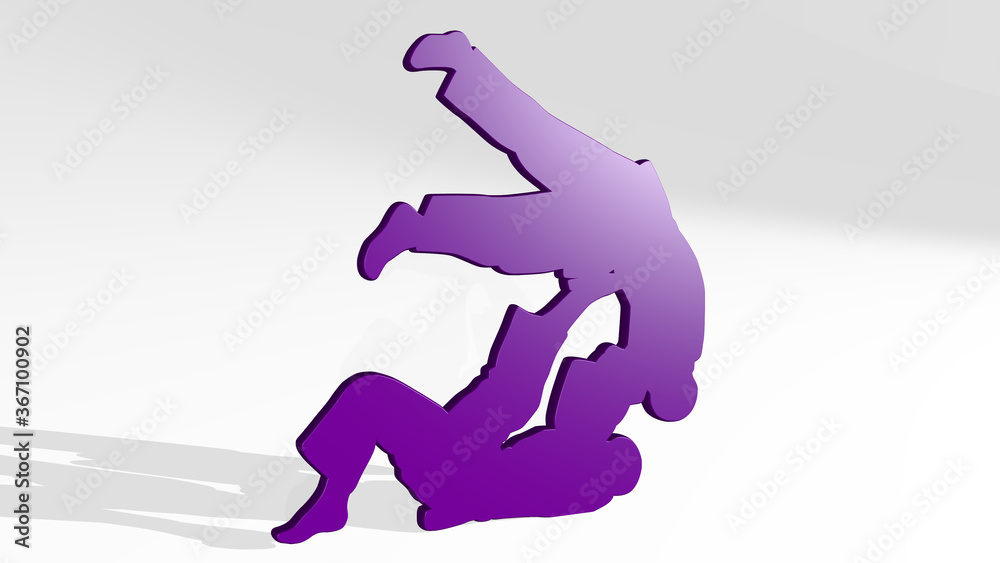 judo from a perspective with the shadow. A thick sculpture made of metallic materials of 3D rendering. karate and martial judo from a perspective with the shadow. A thick sculpture made of metallic materials of 3D rendering. karate and martial