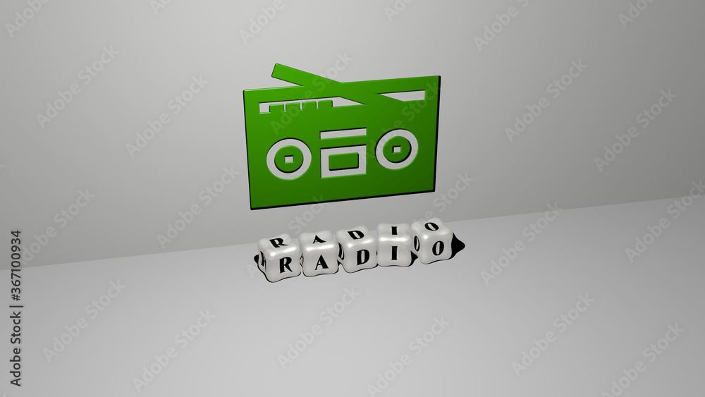 Obraz premium 3D representation of radio with icon on the wall and text arranged by metallic cubic letters on a mirror floor for concept meaning and slideshow presentation. illustration and background