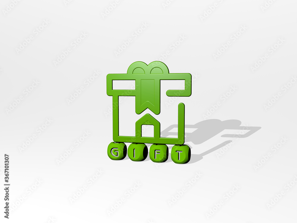 3D representation of GIFT with icon on the wall and text arranged by metallic cubic letters on a mirror floor for concept meaning and slideshow presentation. background and illustration 3D representation of GIFT with icon on the wall and text arranged by metallic cubic letters on a mirror floor for concept meaning and slideshow presentation. background and illustration
