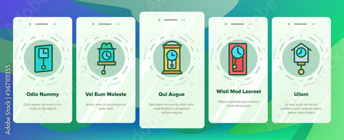 Pendulum Clock Device Onboarding Mobile App Page Screen Vector. Vintage And Modern Pendulum Watch With Circle And Square Dial, Timer Equipment Illustrations