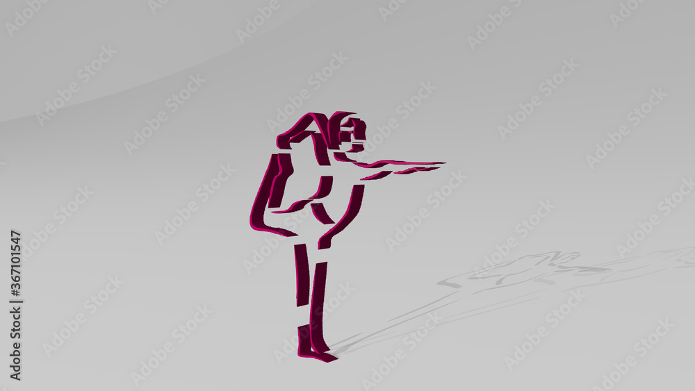 ATHLETIC from a perspective on the wall. A thick sculpture made of metallic materials of 3D rendering. athlete and active