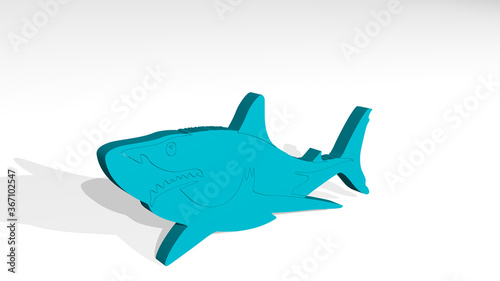 shark from a perspective on the wall. A thick sculpture made of metallic materials of 3D rendering. illustration and animal