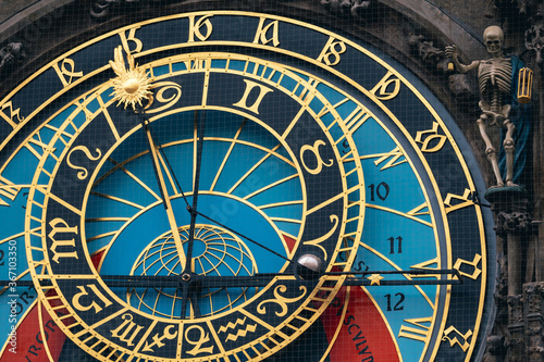 Photography Prague Astronomical Clock Prazsky Orloj Dial Detail on Old Town Hall with a Skel