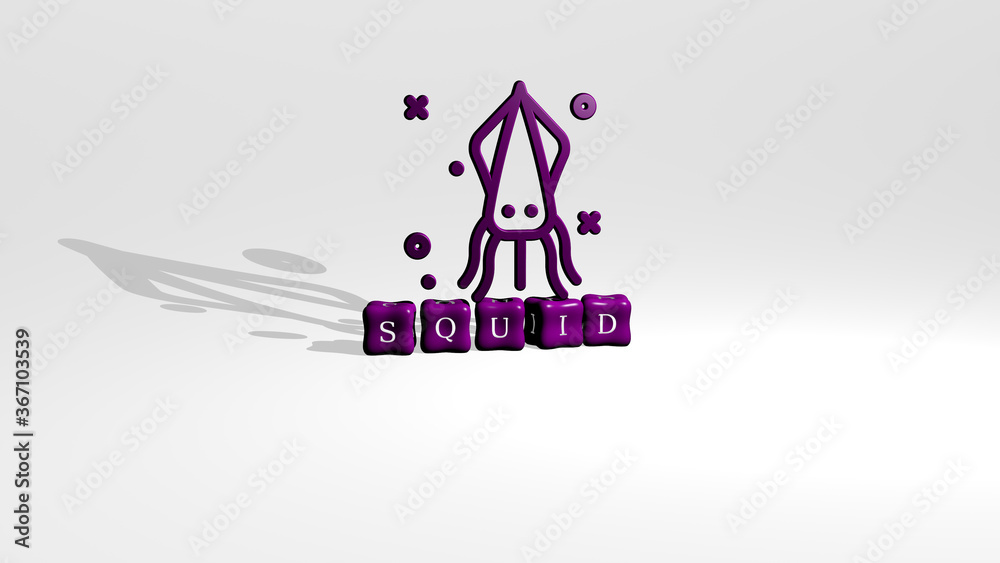 3D representation of squid with icon on the wall and text arranged by metallic cubic letters on a mirror floor for concept meaning and slideshow presentation. illustration and background