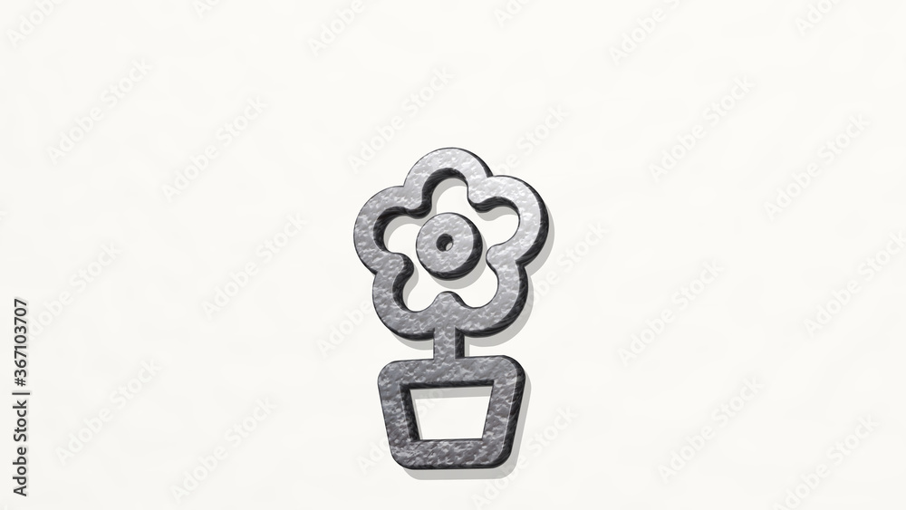 FLOWER POT from a perspective on the wall. A thick sculpture made of metallic materials of 3D rendering. background and illustration FLOWER POT from a perspective on the wall. A thick sculpture made of metallic materials of 3D rendering. background and illustration