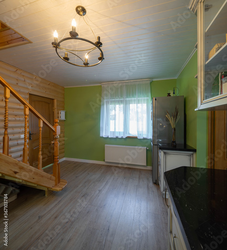 Modern wooden interior of entrance hall in private country house. Green wall.