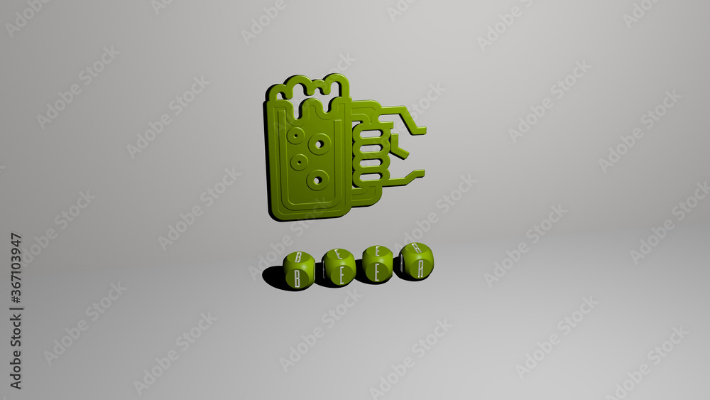 3D representation of beer with icon on the wall and text arranged by metallic cubic letters on a mirror floor for concept meaning and slideshow presentation. illustration and alcohol 3D representation of beer with icon on the wall and text arranged by metallic cubic letters on a mirror floor for concept meaning and slideshow presentation. illustration and alcohol