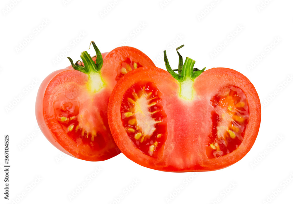 Red tomato slices cut in half isolated on white background close-up. Details. Macro. Template. Seeds. Pulp. Inside view of the vegetable. Red tomato slices cut in half isolated on white background close-up. Details. Macro. Template. Seeds. Pulp. Inside view of the vegetable.