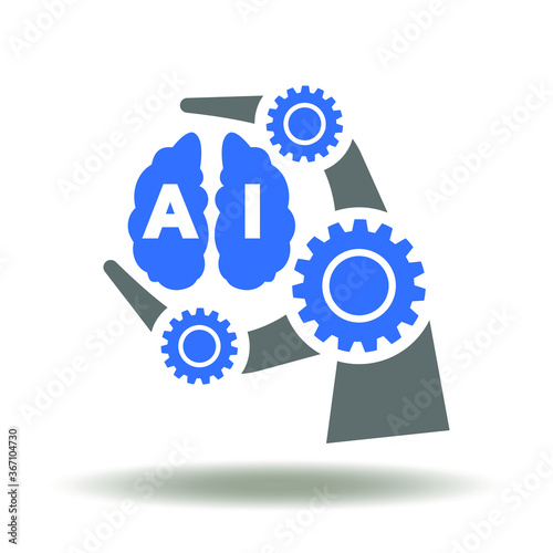 Robot Manipulator with Big Computer Brain AI Icon Vector. Artificial Intelligence Robotics Automation Production Technology Logo.