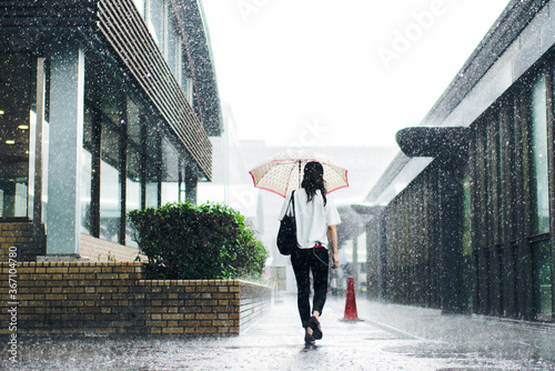 Woman walking in the rain with umbrella 