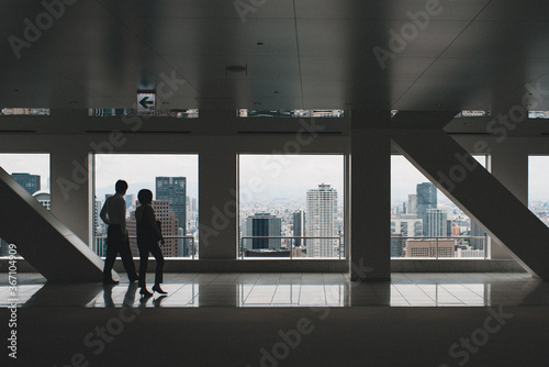 Office building looking out onto city downtown