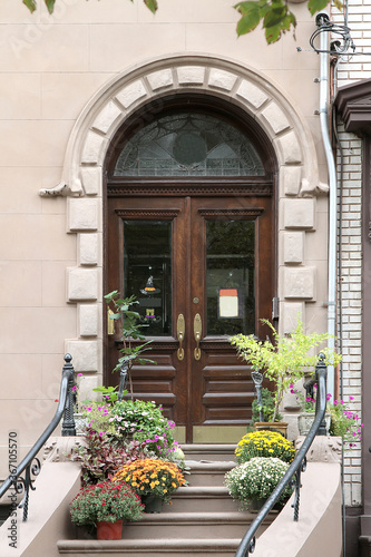 Vintage shabby-looking entry door in New York decorated with arch and moldings. USA.