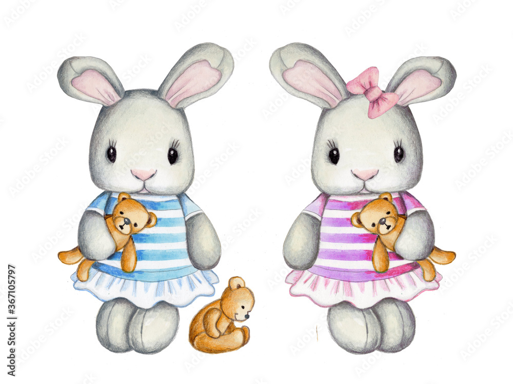 Cute cartoon bunny rabbits hares with toy bears. Watercolor hand drawn illustration, isolated. Cute cartoon bunny rabbits hares with toy bears. Watercolor hand drawn illustration, isolated.