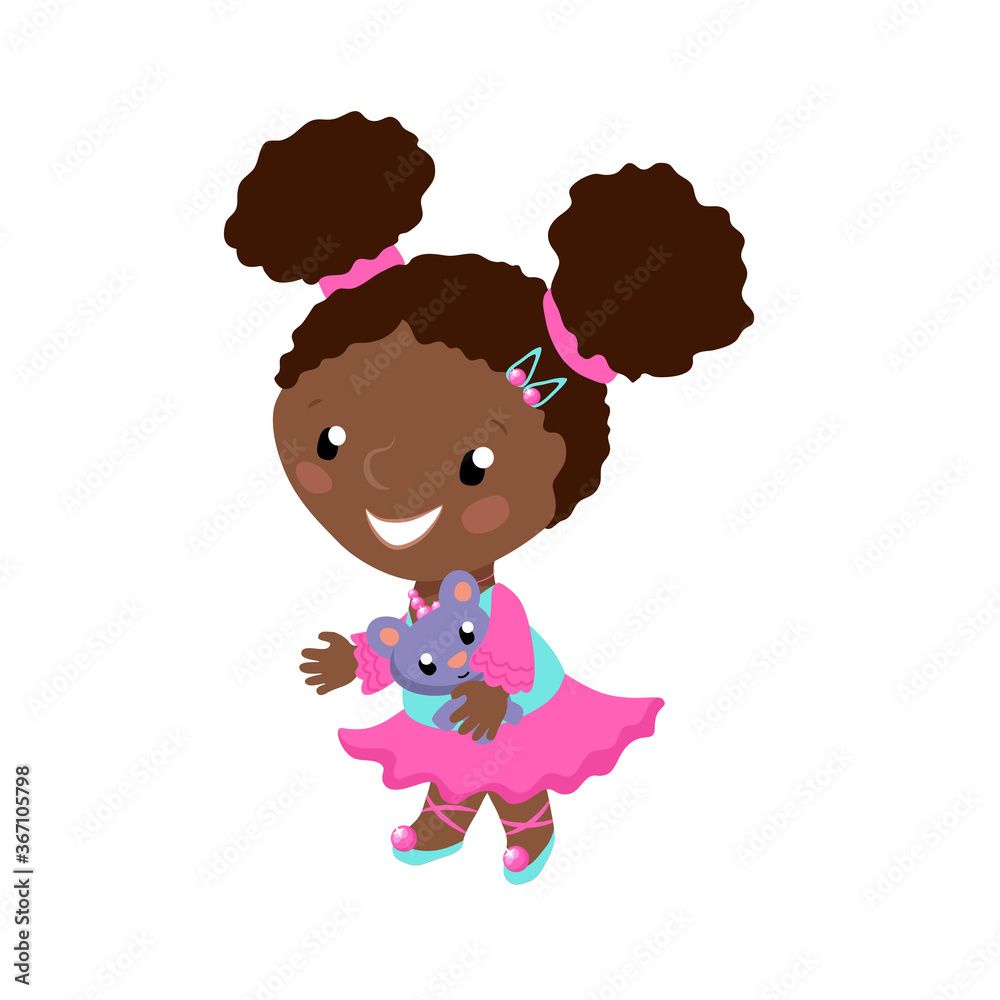 Smiling African girl in pink dress vector illustration on white background. African american toddler with plush doll. Smiling girl in ballet dress for children activity class. Preschool age child