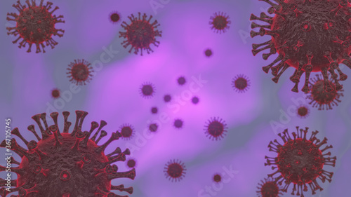 Coronavirus COVID-19 cell under the microscope. Pandemic medical health risk concept with disease cell. 3d render illustration.
