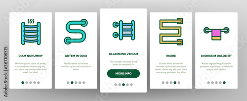 Heated Towel Rail Onboarding Mobile App Page Screen Vector. Towel Rail Bathroom Heating Radiator Device. Dryer Equipment For Drying Napkin Illustrations
