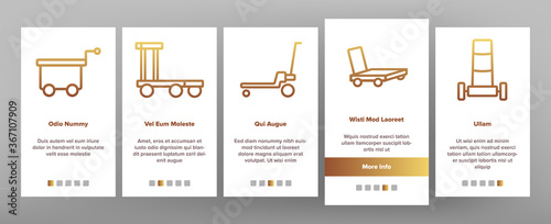 Handcart Transport Onboarding Mobile App Page Screen Vector. Cargo Handcart For Transportation And Delivery Box And Baggage, Forklift And Cart Illustrations