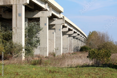 Row of strong large concrete road bridge support columns surrounded with uncut grass and trees on clear blue sky background