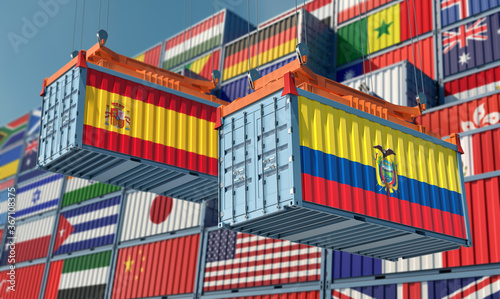 Freight containers with Spain and Ecuador flag. 3D Rendering 