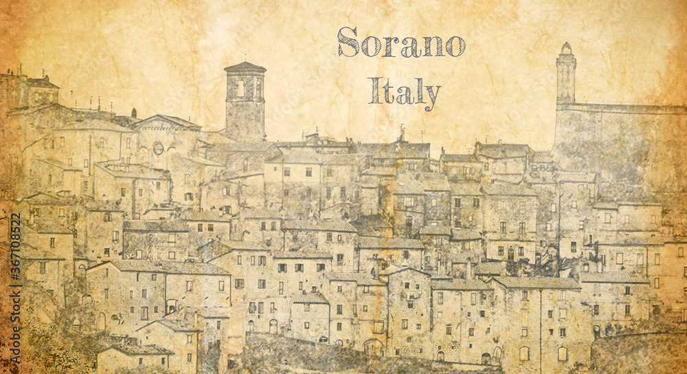 Sketch of small town Sorano over roofs, Italy