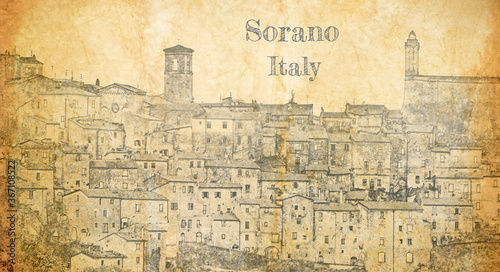 Sketch of small town Sorano over roofs, Italy