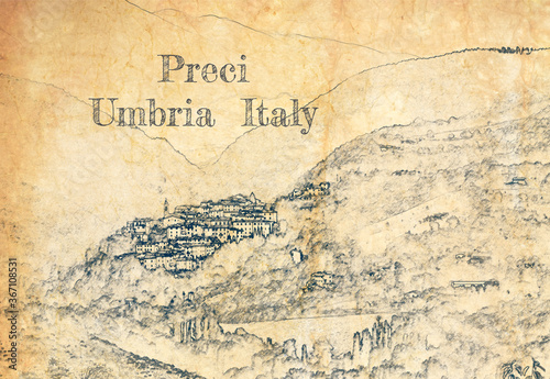 Sketch of village Preci in Umbria, Italy