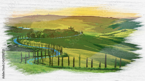 Fototapeta Naklejka Na Ścianę i Meble -  Sunset over the winding road with cypresses, Tuscany, watercolor painting