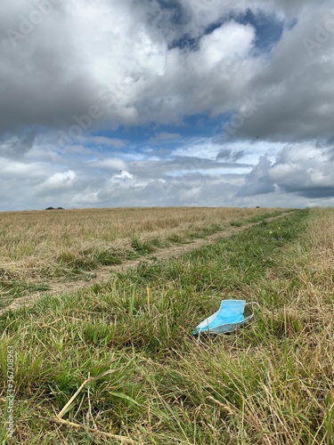 A blue Covid 19 medical face mask covering discarded in the countryside.