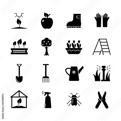 Gardening icon set. Solid vector black icon isolated on a white background. Logo illustration. Symbol of a garden or farm. 